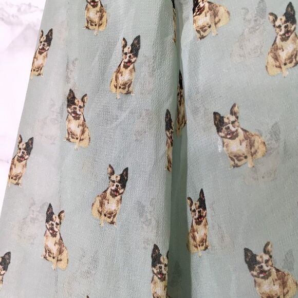 ZARA FRENCH BULLDOG PRINT NOVELTY SHEER CHIFFON STUDDED SHOULDER MINT BLOUSE S - Picture 3 of 12
